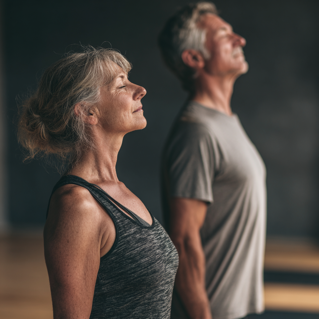Peaceful yoga space with natural materials, soft lighting, and Ukrainian adults of various ages practicing mindful movement in a serene environment